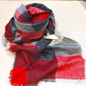 Talbot's Wool Metallic Red, Gray, & White Buffalo Check Scarf Wrap